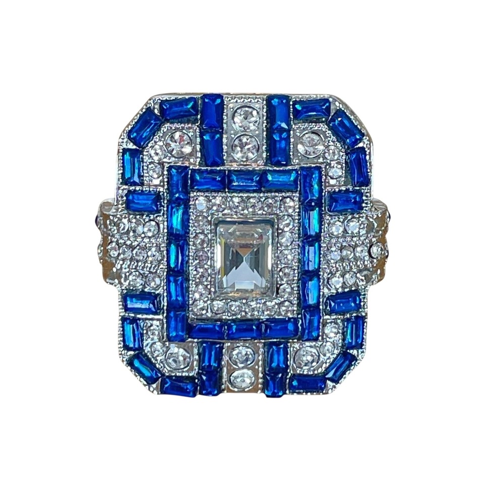 Art Deco Blue White Crystal Filigree Silver Cocktail Ring Chunky Gatsby Size 7
